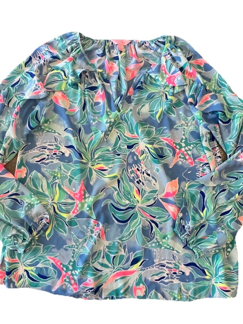 Lilly Pulitzer Elora Ruffle Blouse Size Large Bennett Blue Celestial Sea Cruise
